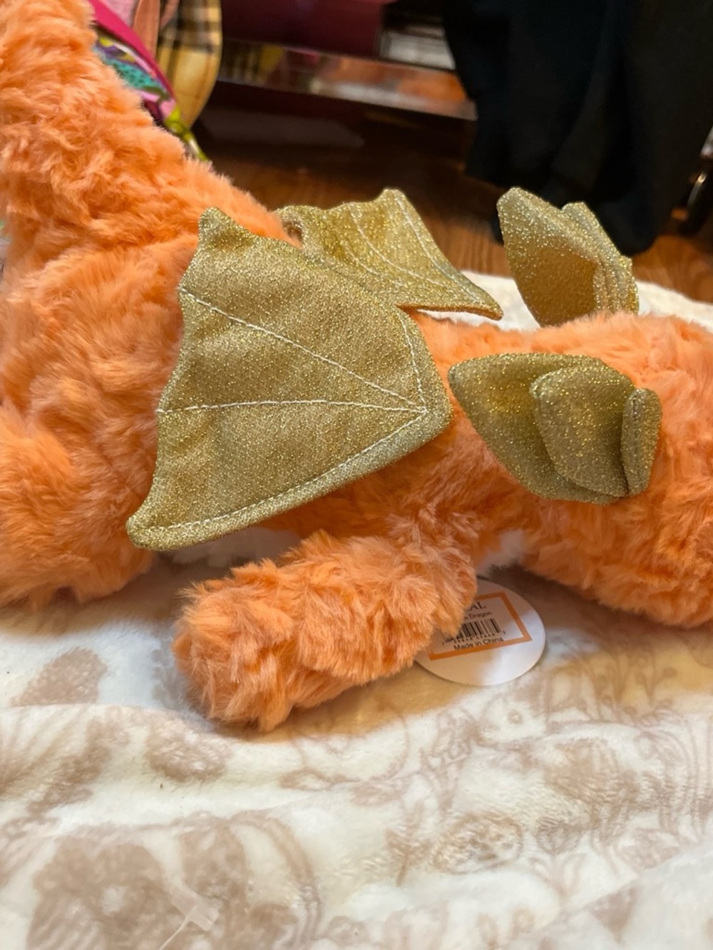 Plush Orange Dragon with Glitter Gold Wings